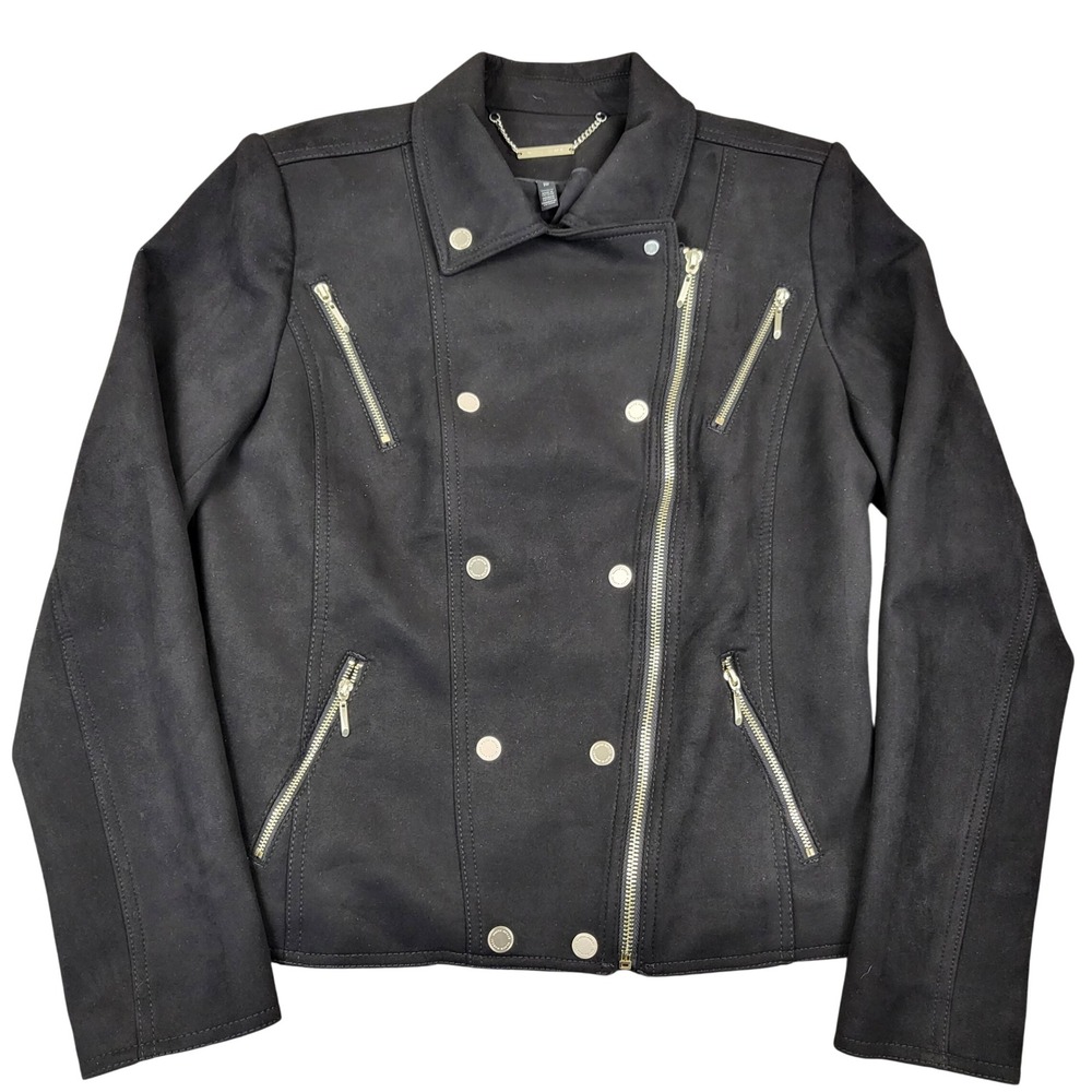 White House Black Market Women's 10 Faux Suede Moto Jacket Black Hardware Zip